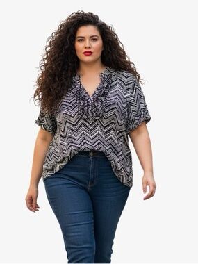 Heart Soul Black White Chevron Ruffle Babydoll Top Plus Size 1X